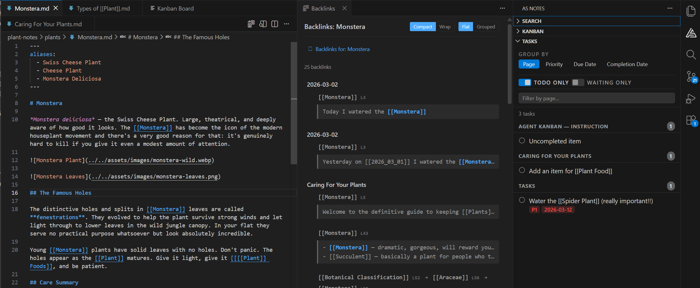 GrowKanban in VS Code — note editor with wikilinks and sidebar